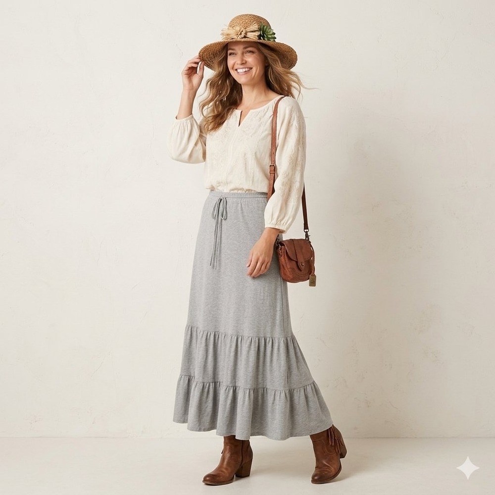 Garnet Hill Heather Grey Tiered Maxi Skirt Size XS Elastic Drawstring Waist Boho
